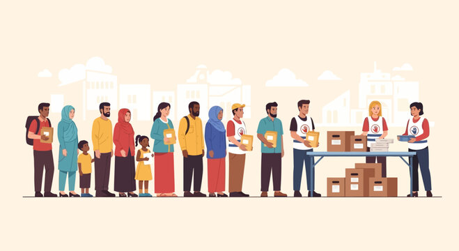 Flat vector illustration of diverse people standing in a line to receive humanitarian aid and food boxes from volunteers.