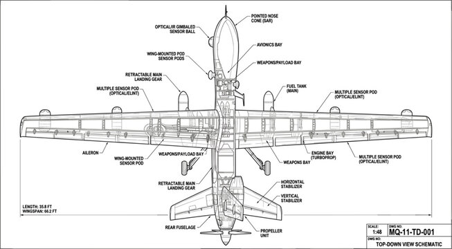 Aircraft top view technical blueprint illustration, detailed airplane diagram with labeled components for aviation engineering and mechanical design concept