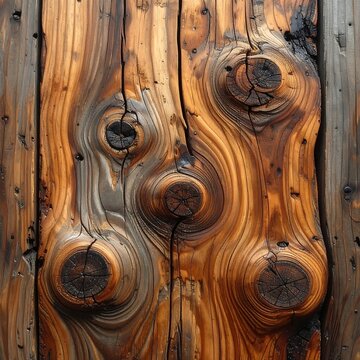 Textured weathered wood with knotty swirls, warm brown and gray tones