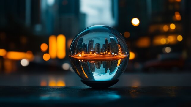 Urban reflection cityscape photography evening close-up capturing the essence of urban life through a crystal ball