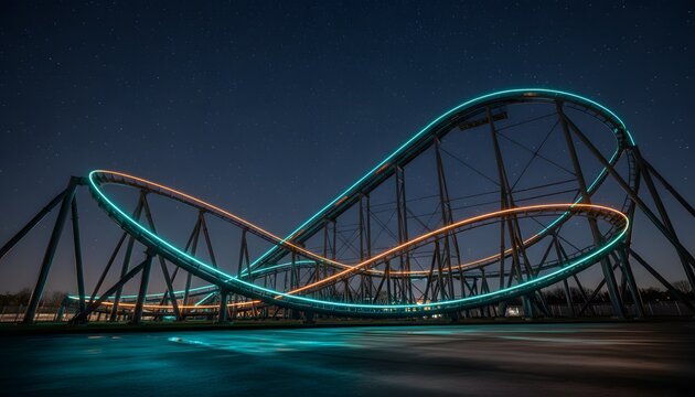 Empty roller coaster at night with glowing neon tracks under a starry sky illustrating an amusement park adventure and financial market volatility concept with cinematic lighting