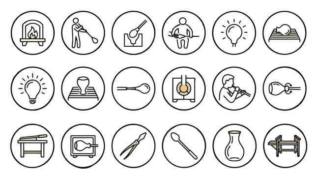 Glass Blowing Icon Set &ndash; Artisan Heating, Shaping, Craft Process Line Vector Icons for Workshop, Handmade Production and Creative Studio UI
