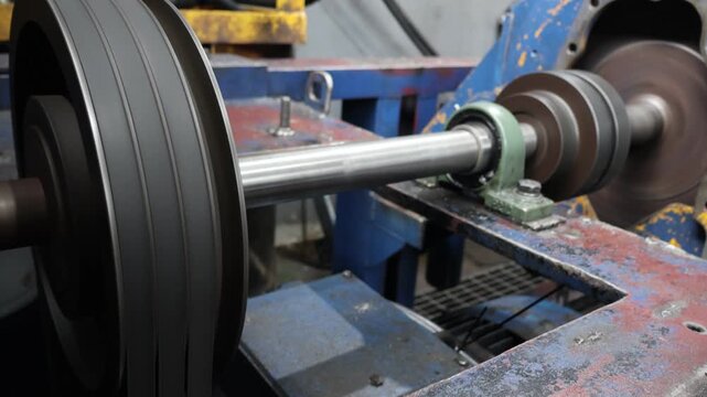 A close-up view of a metal pulley and rotating shaft assembly supported by a pillow block bearing in an industrial workshop setting.