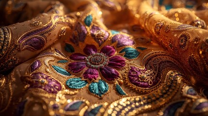 Fototapeta premium Macro Close-up of Luxury Gold Embroidery with Purple Floral Patterns and Intricate Beadwork