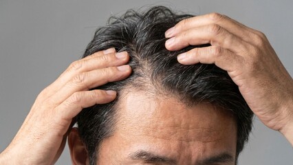 Fototapeta premium 生え際、頭皮の状態を気にして髪をかき分けながら確認する中高年男性のクローズアップ、エイジングによるヘアケア意識やスカルプケア、薄毛対策、グレイヘア、頭皮チェック、男性美容・ヘルスケア広告に適したリアルな人物素材