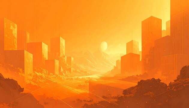 Dreamscape of cuboid buildings and hills, bathed in an orange glow under a pale moon