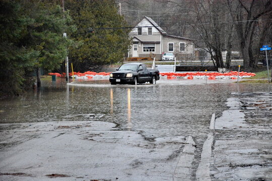 Flood waters along the Gull River threaten the village of Minden in the spring of 2026. 