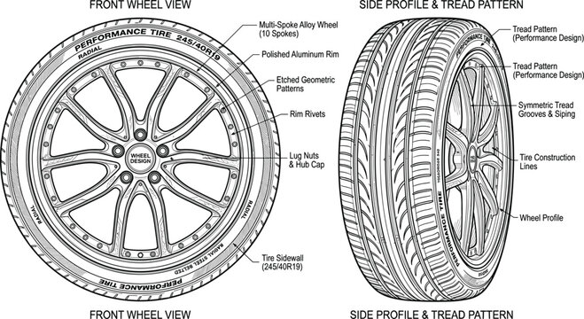 Car wheel and tire technical diagram illustration, detailed automotive blueprint showing alloy rim structure and tread pattern engineering design