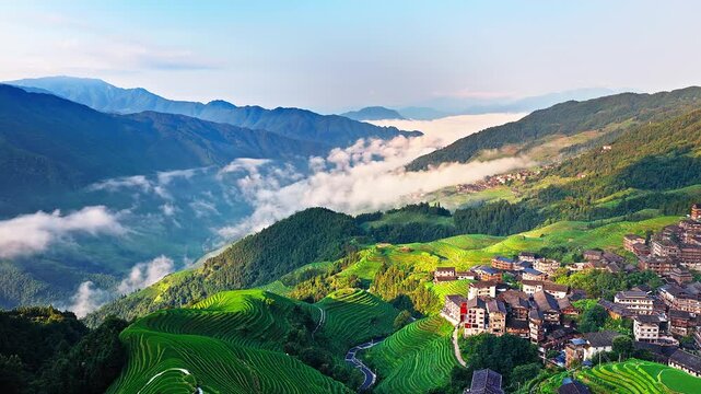 Aerial view of spectacular green Longji rice terraces and natural landscape in Guilin, China.