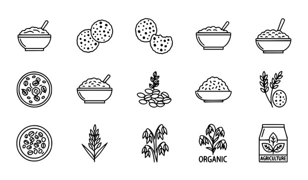 Oatmeal healthy food icons set vector thin line porridge cookies cereal oats agriculture organic crop pictograms isolated white background