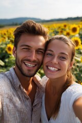 Fototapeta premium Male caucasian young and female caucasian young smiling selfie together in sunflower field at golden hour outdoors