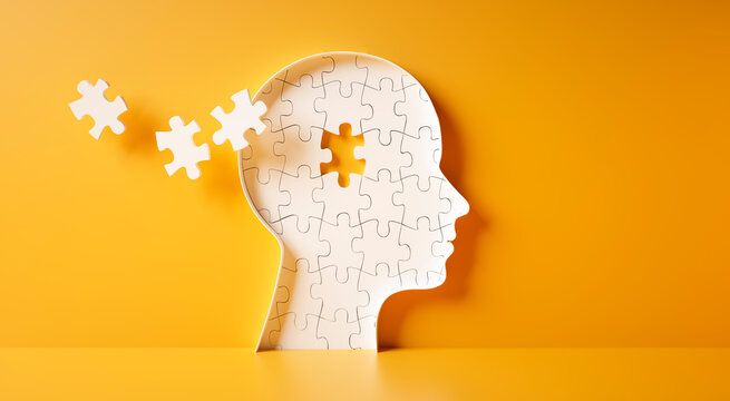 Head and brain diseases concept - missing pieces flying of the brain puzzle on yellow background with copy space	