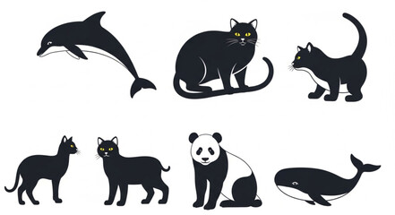 Collection of Silhouetted Animals Dolphin Cat Panda Whale. © Muhammad