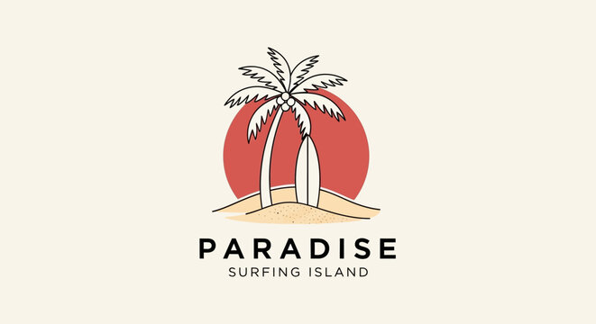 Tropical island getaway surfing paradise logo.