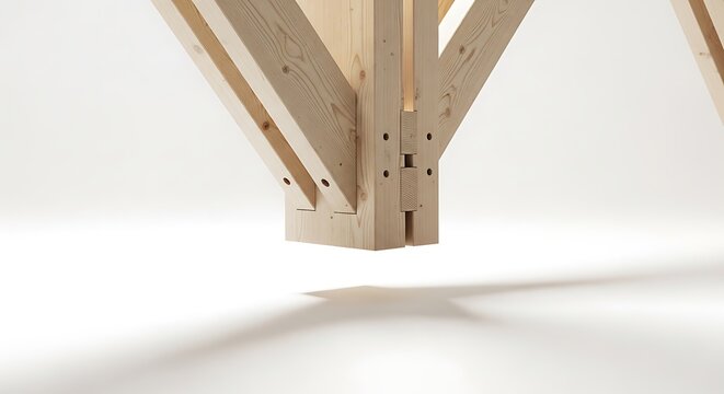 Detailed view of a complex timber joint in a modern wooden structure, showcasing precision carpentry and structural engineering with light wood beams, isolated on white background
