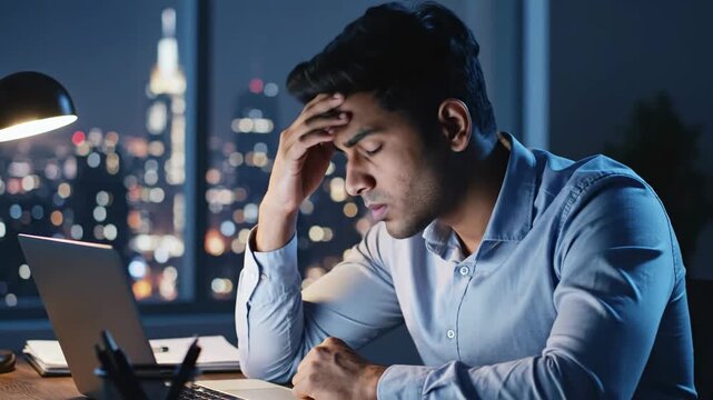 Young professional experiencing burnout and fatigue while working overtime on a laptop in a high-rise office.