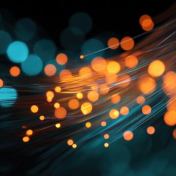Fiberoptic lightstream bokeh orange teal glowing strands with dynamic motion blur and luminous network energy