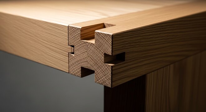 Closeup of a sophisticated wooden joinery detail on a handcrafted oak table, showcasing precise craftsmanship and traditional woodworking techniques in a modern furniture design