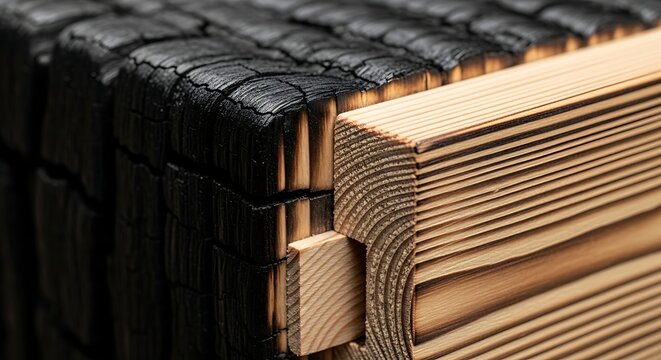 Closeup of a shou sugi ban charred wood joint, showcasing the contrast between the deeply burnt, textured black timber and the smooth, natural lightcolored wooden joinery