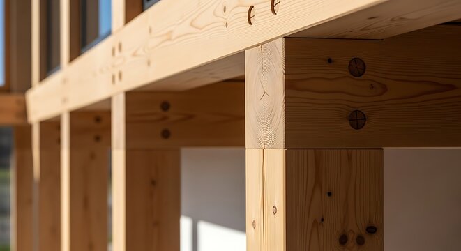 Closeup of traditional japanese timber framing construction showing wooden post and beam joinery with dowels and mortise and tenon connections in a modern architectural structure