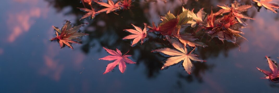 Autumn maple leaves drifting reflective pond at dusk warm tones with soft ripples and glowing highlights