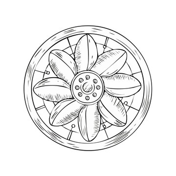 Hand Drawn Nautical Ship Propeller Sketch with Circular Spokes and Petal Shapes
