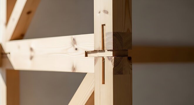 Closeup of a traditional japanese timber frame joinery technique, showcasing a precise mortise and tenon connection in lightcolored wooden beams