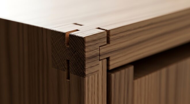 Closeup of a sophisticated wooden joinery detail on a piece of furniture, showcasing precise craftsmanship and the natural grain of oak wood in a minimalist design