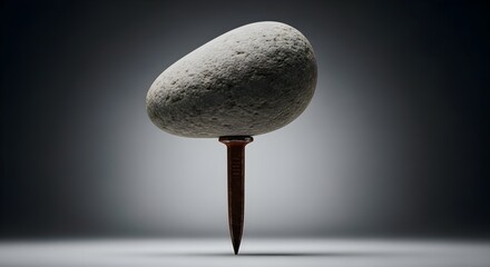 Balanced gray stone precariously perched atop a sharp metal nail head