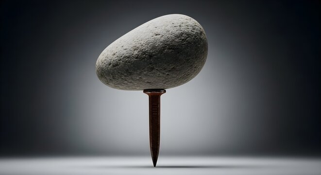 Balanced gray stone precariously perched atop a sharp metal nail head