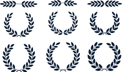 Obraz premium Collection of dark blue laurel wreaths and decorative branch borders on a white background, representing achievement and tradition