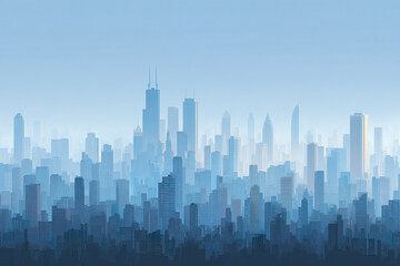 Fototapeta premium Minimal flat city skyline silhouette in layered blue shades with various skyscraper shapes and heights creating calm urban atmosphere under clear sky