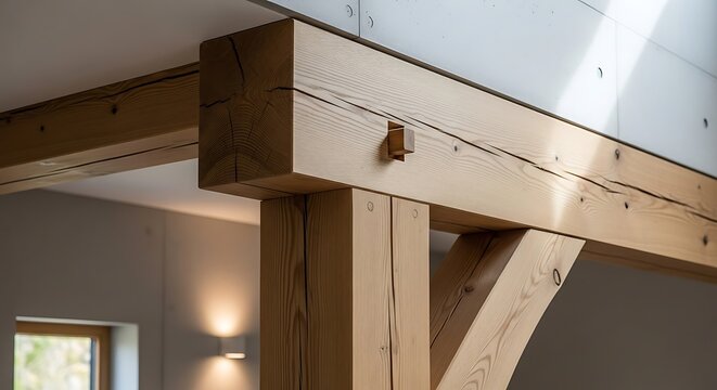 Closeup of a traditional japanesestyle timber frame joint in a modern interior, featuring a wooden beam connected to a post with a visible tenon and peg construction