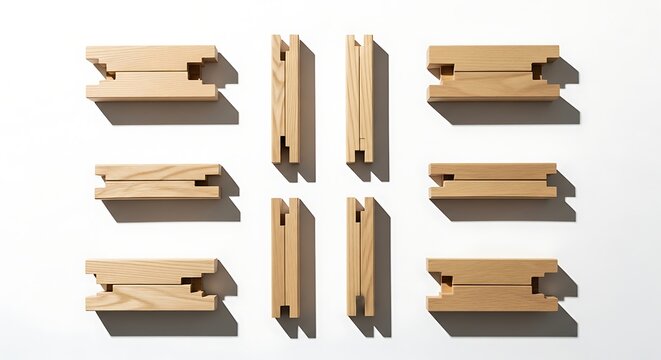 Top view of wooden joinery components for furniture assembly, precisioncut oak wood blocks with interlocking notches and grooves, isolated on white background