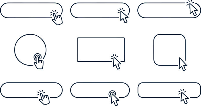 Collection of nine outline depicting various button shapes and cursor actions, including clicks and touches