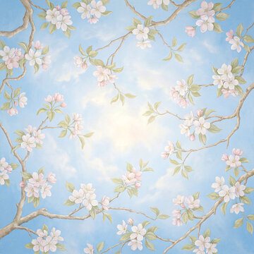 Square apple blossom stretch ceiling design, upward view of soft white pink flowers framing sky. Calm floral ceiling panel for wellness interior, spa, bedroom or relaxation space.