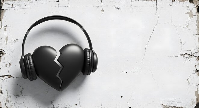 Black Broken Heart Wearing Headphones on Distressed White Concrete Wall Background