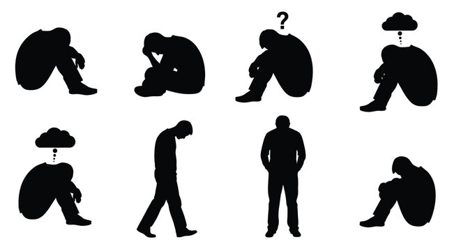Depressed people in various poses exhibiting emotional distress silhouette