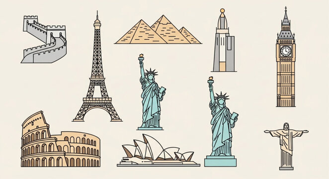 Collection of Famous World Landmarks and Monuments.