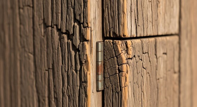 Closeup of a rustic metal hinge attached to weathered, cracked wooden planks, highlighting the texture of aged timber and the contrast between the industrial hardware and natural material