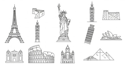 Obraz premium Collection of famous world landmarks in sketch style.