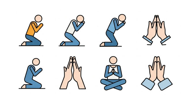 Diverse people praying in different poses and styles.