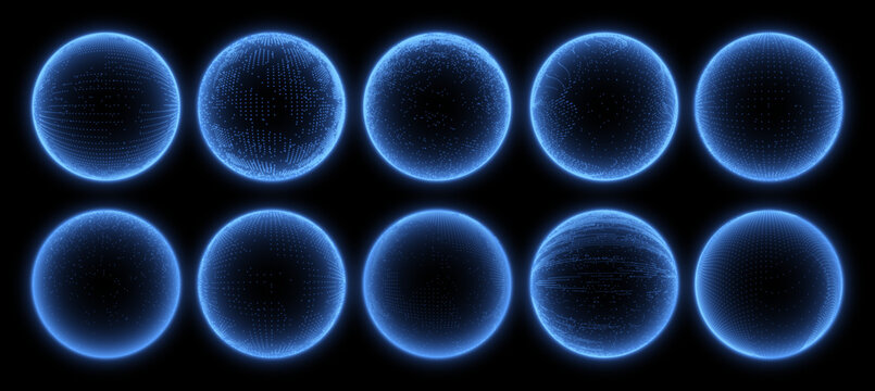 Abstract 3D dotted sphere with glowing particles. Futuristic virtual reality globe, digital data ball, high poly dot mesh spheres. Vector set