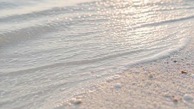 Gentle Ocean Waves Lapping Softly on Pristine White Sand Beach for Peaceful Coastal Vacation Concept