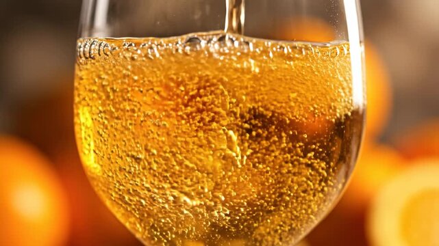 Refreshing golden liquid fills a glass with sparkling bubbles, creating an effervescent and inviting drink.