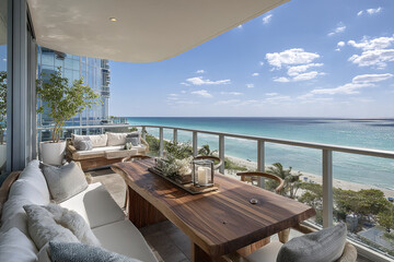 Fototapeta premium Modern beachfront condo balcony with wooden table, comfortable white sofas, glass railing, and ocean view under bright blue sky with scattered clouds