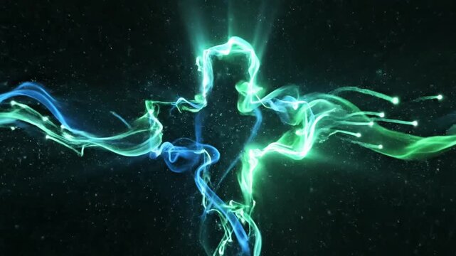 Glowing medical cross forming from flowing energy lines and light trails, abstract dark background with subtle particles, smooth energy motion, camera centered with slight zoom-in, vibrant green 
