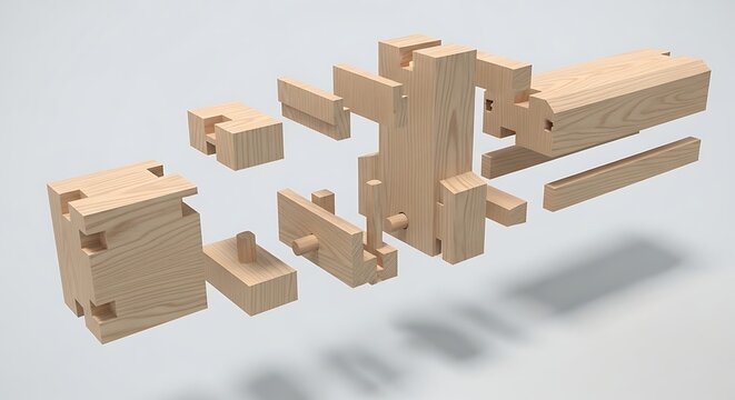 Exploded 3d rendering of a complex wooden joinery assembly showing various interlocking components like mortise and tenon joints, dovetails, and dowels for woodworking and carpentry