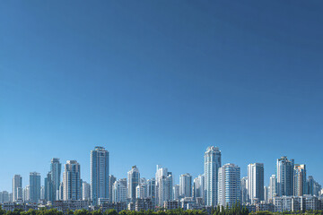 Fototapeta premium Modern city skyline with tall office towers and residential buildings under clear blue sky, showcasing urban architecture and vibrant city life in daylight