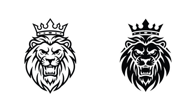 King lion mascot icon set featuring majestic lion wearing golden crown in intense roaring expression for powerful corporate branding and sports team logo design in bold black and white vector